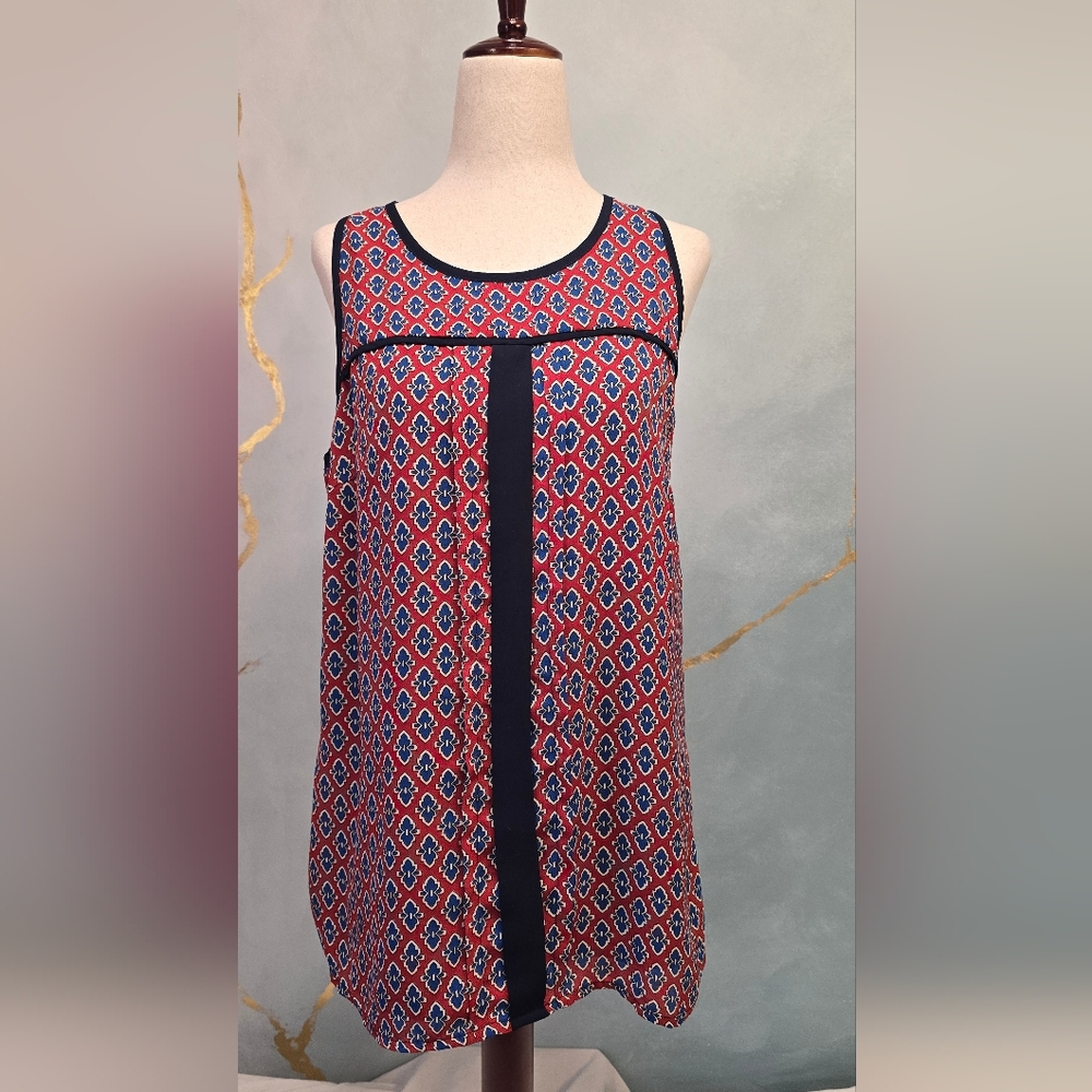 Hive & Honey Boho Sleeveless Top with Red and Navy Blue Pattern M